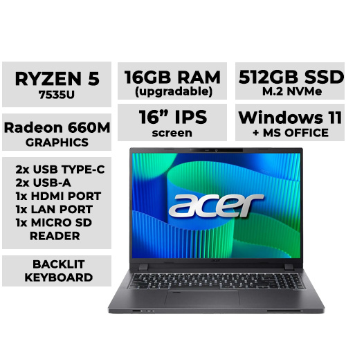 Acer TravelMate P2 Laptop 16" | Ryzen 5 7535U | 16GBx1 DDR5 | 512GB NVMe | Radeon 660M Graphics (Model: TMP216-41-R4MM)